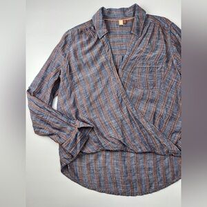 Pilcro Anthropologie denim like orange Striped Wrap clip Blouse xs lightweight